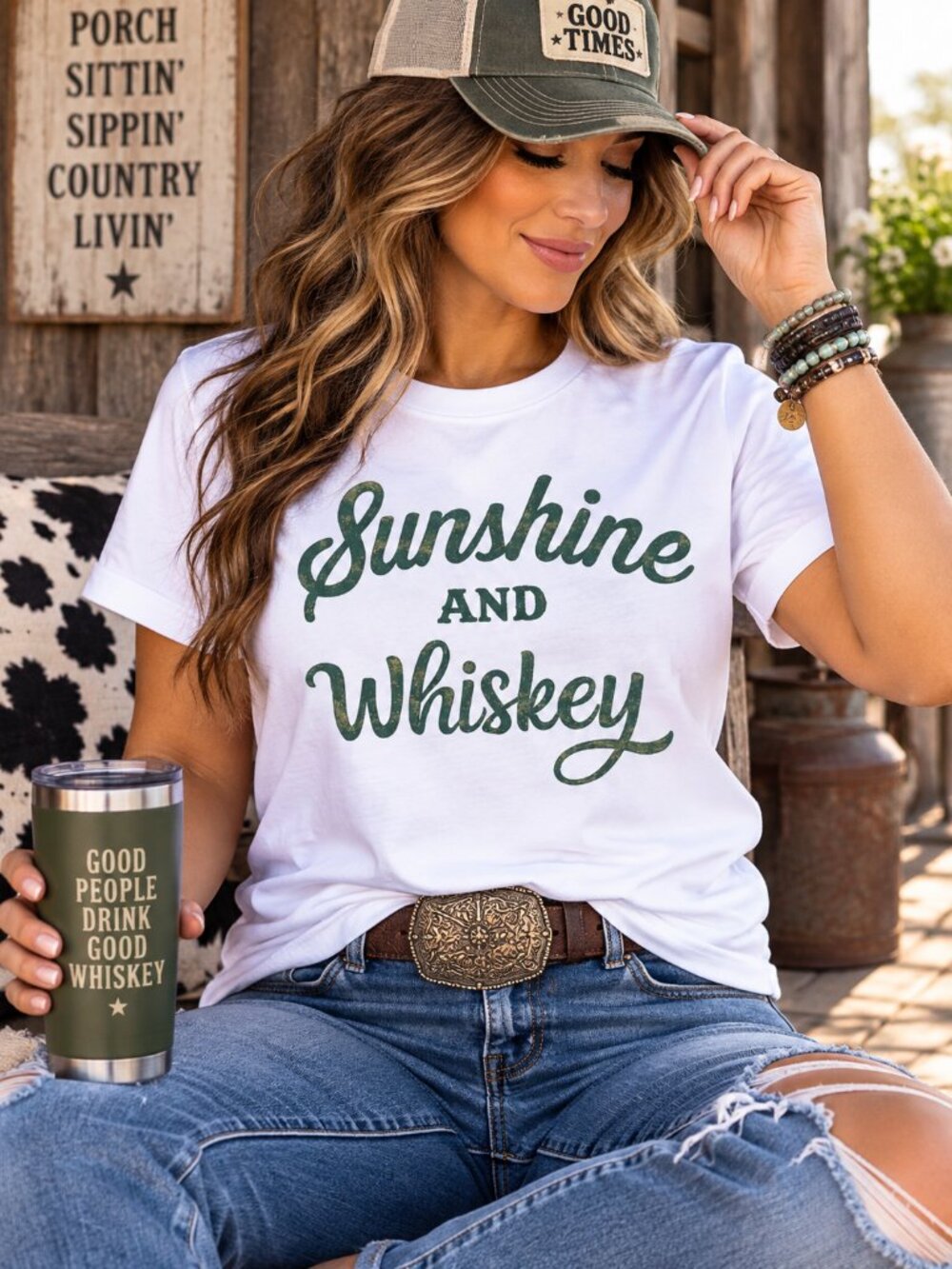 Sunshine & Whiskey  Western Graphic T Shirt Trendy Boutique Style Tee Womens